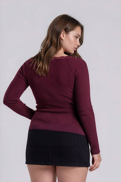 PLUS Lace Trim Henley Knit Top
