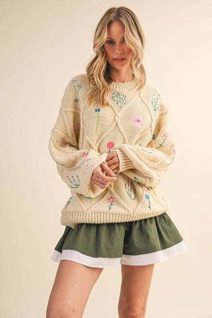FLORAL EMBROIDERED LATTICE CABLE SWEATER