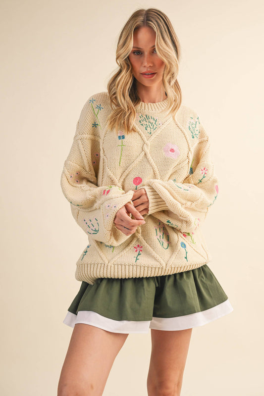 FLORAL EMBROIDERED LATTICE CABLE SWEATER