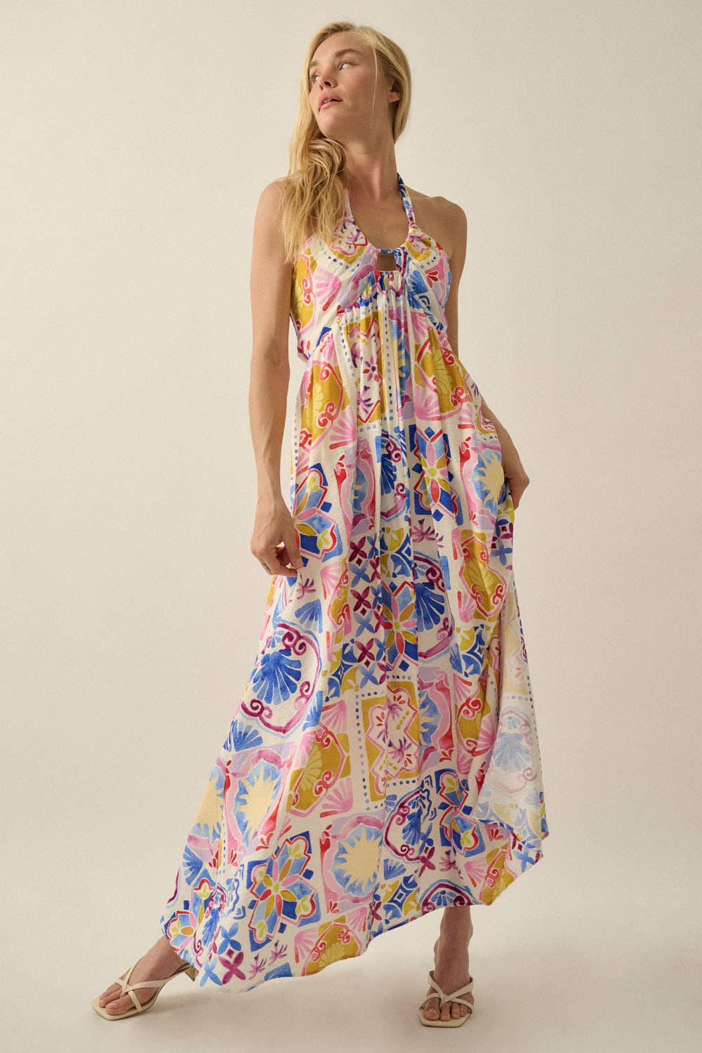 Summer Sun Open-Back Halter Maxi Dress