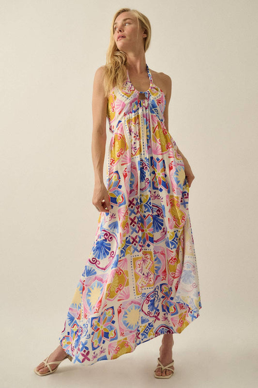 Summer Sun Open-Back Halter Maxi Dress