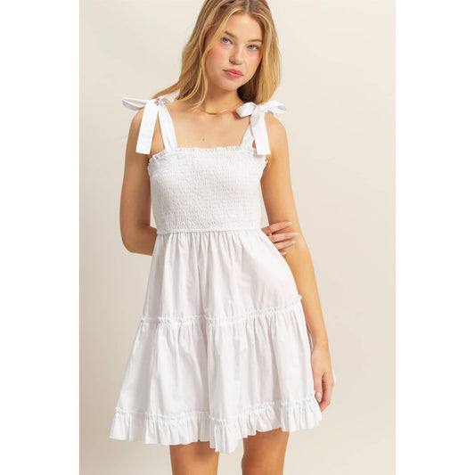Poplin Self-Tie Straps Tiered Mini Dress