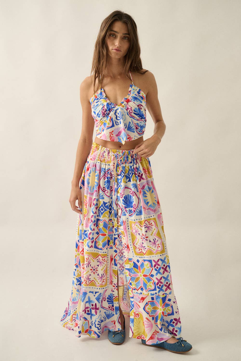 Summer Sun Gathered Handkerchief Halter Crop Top