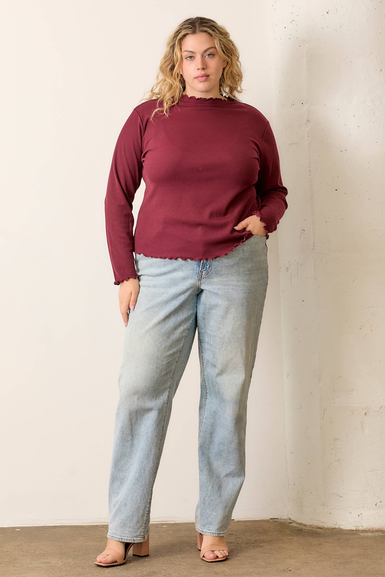 PLUS Ruffled High Neck Rib Knit Top