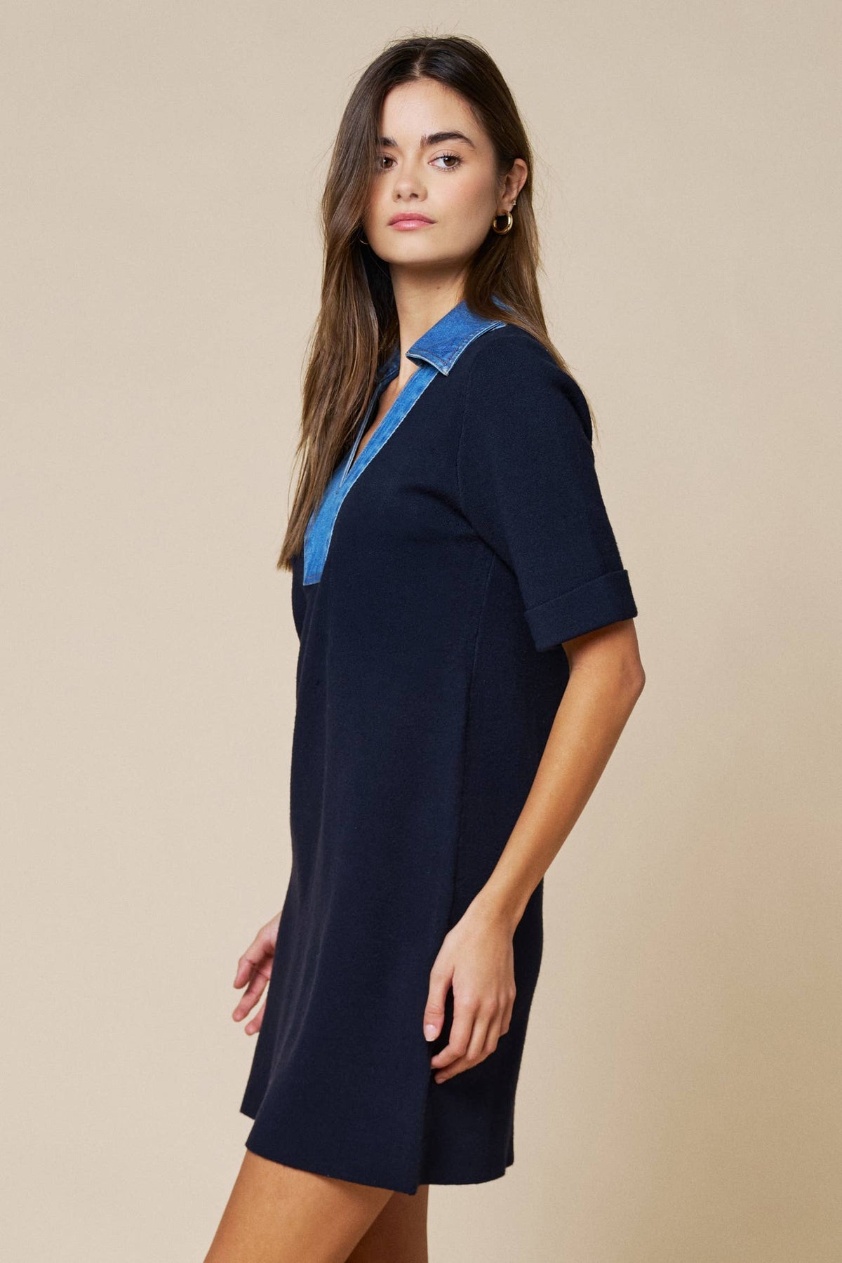 Denim Trim V-Neck A-Line Dress