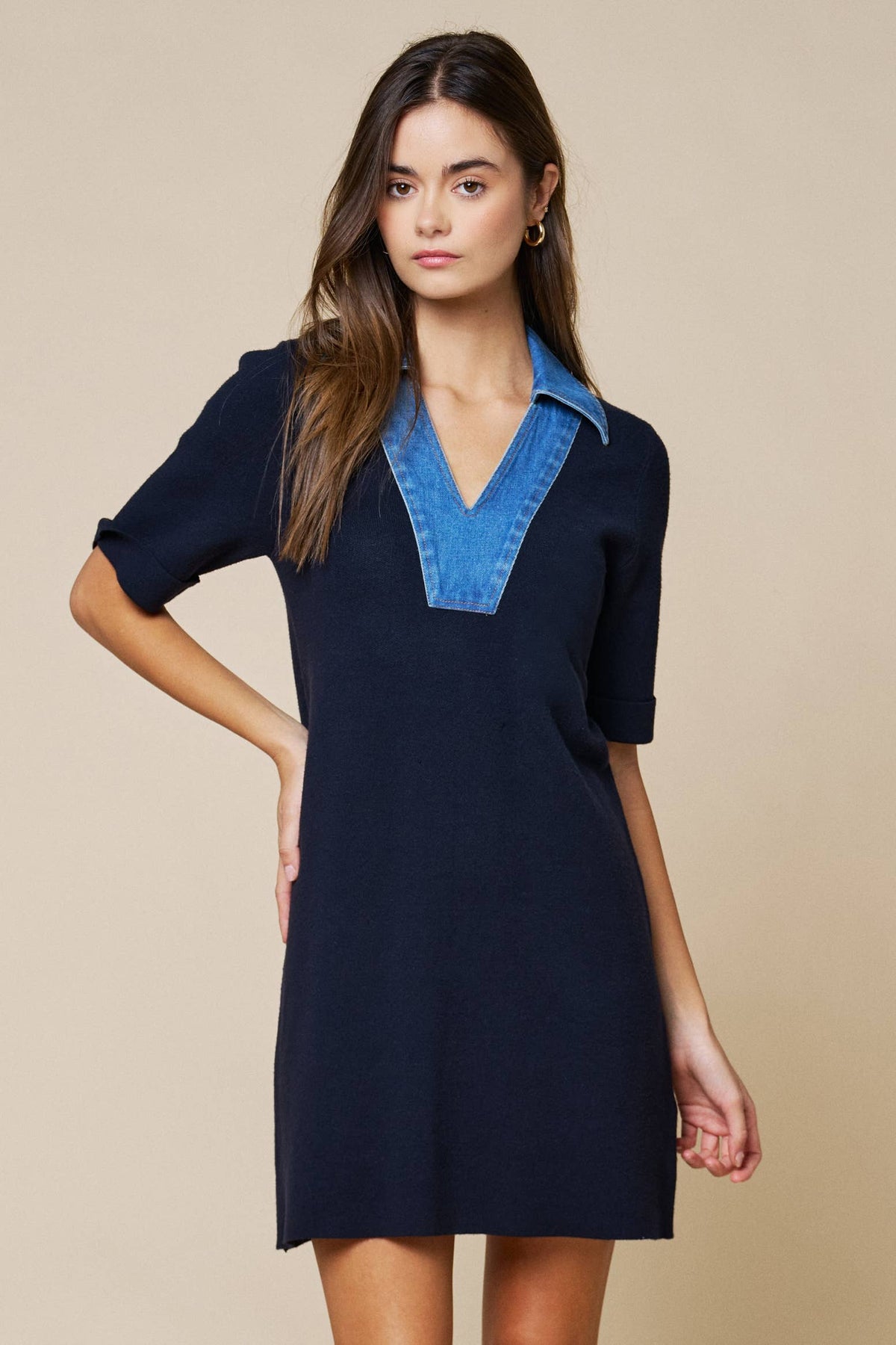 Denim Trim V-Neck A-Line Dress