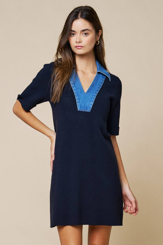 Denim Trim V-Neck A-Line Dress