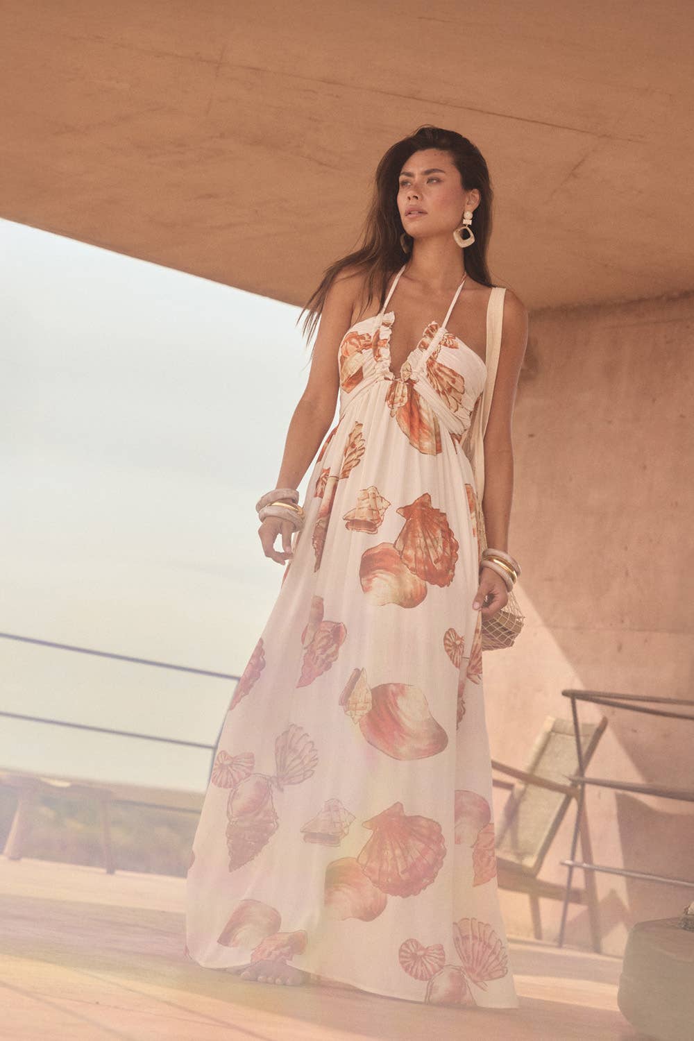 Seashell Tie-Back Halter Pocket Maxi Dress