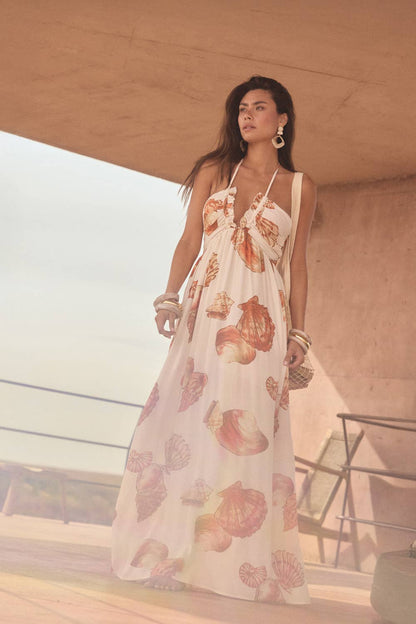 Seashell Tie-Back Halter Pocket Maxi Dress