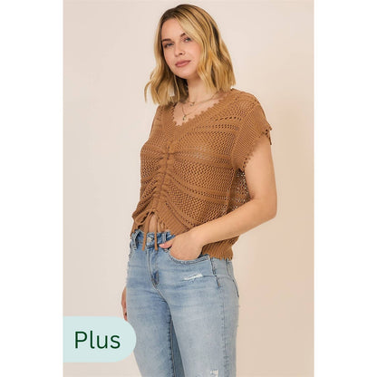 PLUS Ruched V Neck Short Sleeve Top