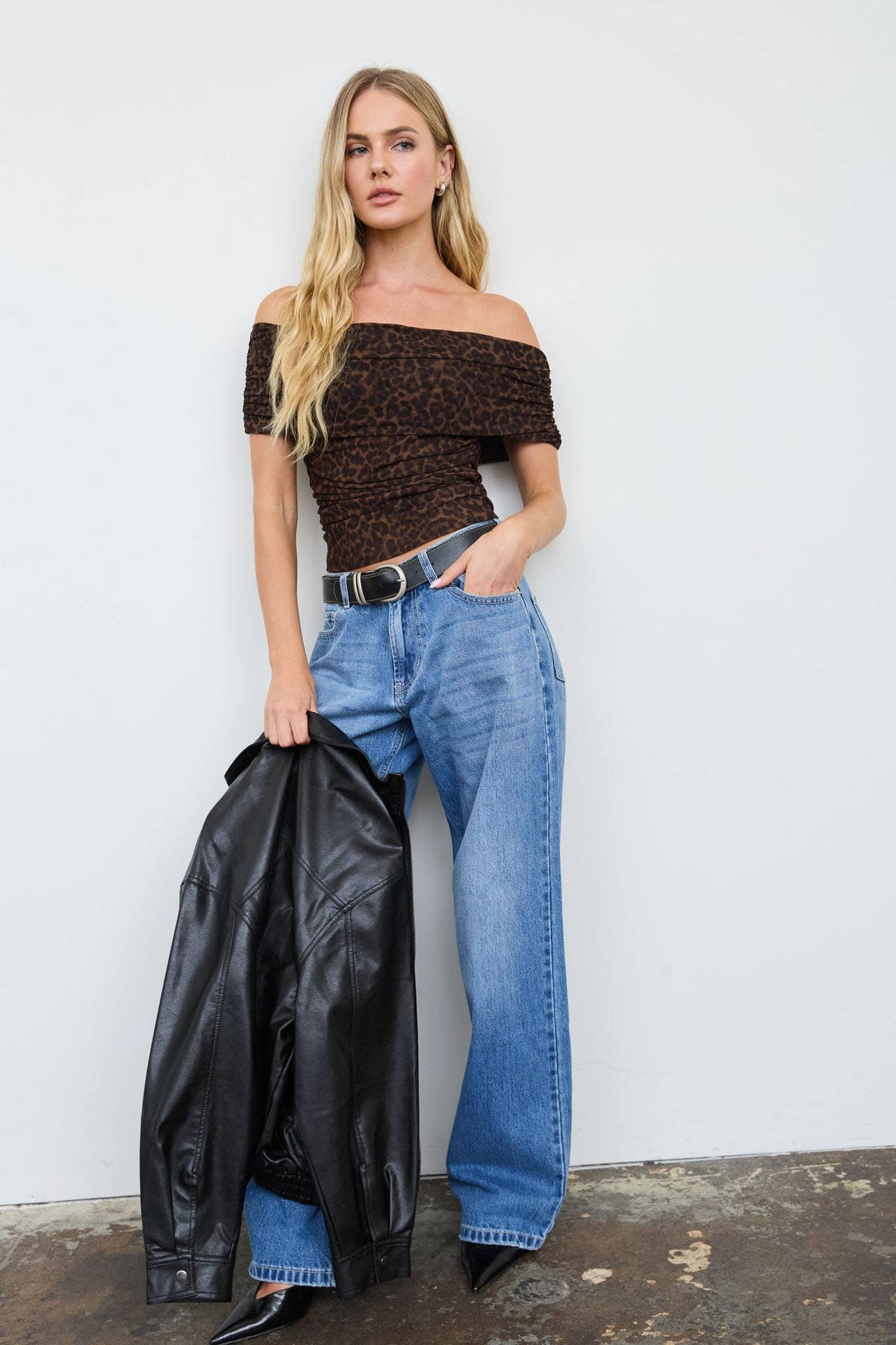 Leopard Off-Shoulder Ruched Top