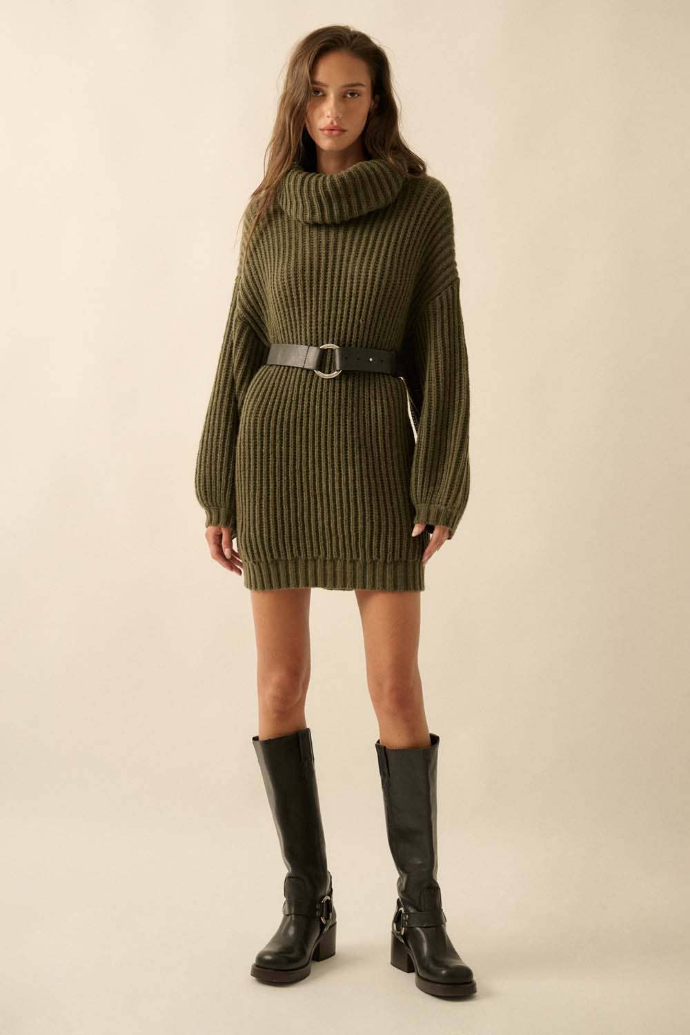 Rib Knit Turtle Neck Sweater Dress