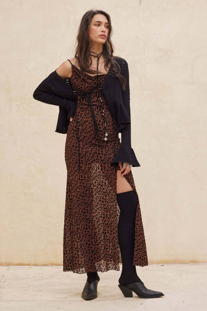 Flocked Leopard Mesh Cowl-Neck Maxi Dress