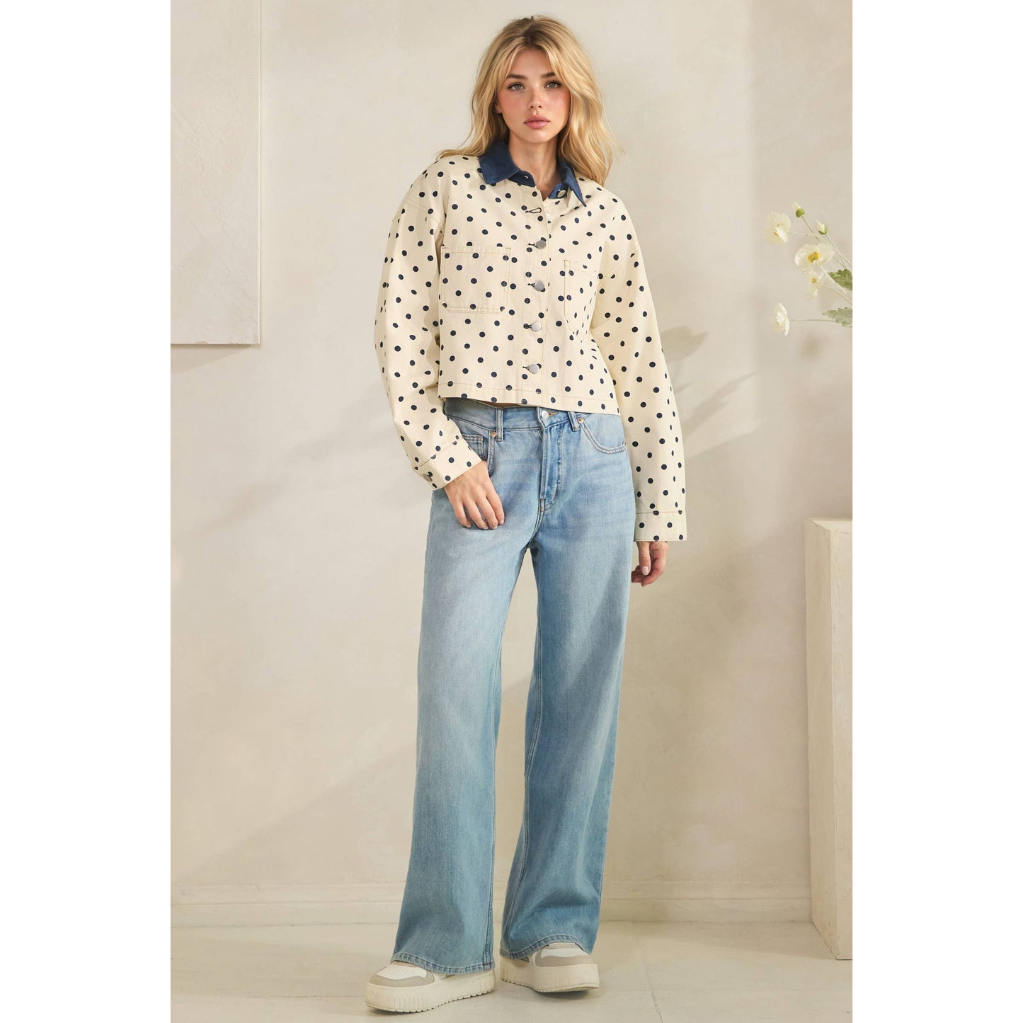Cropped Polka Dot Denim Jacket