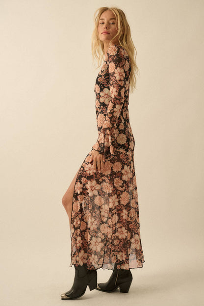 Floral Trumpet-Sleeve Asymmetrical Maxi Dress