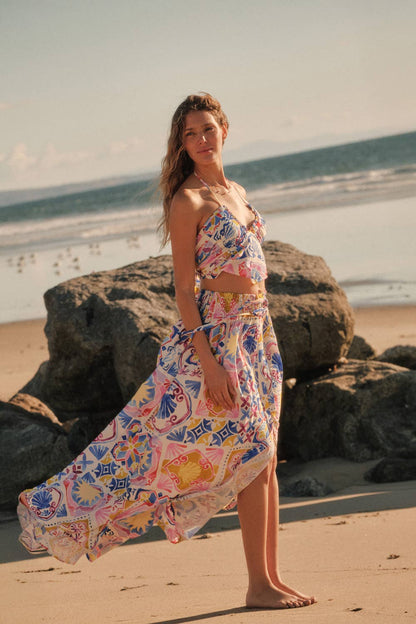 Summer Sun Smocked-Waist Half-Button Maxi Skirt