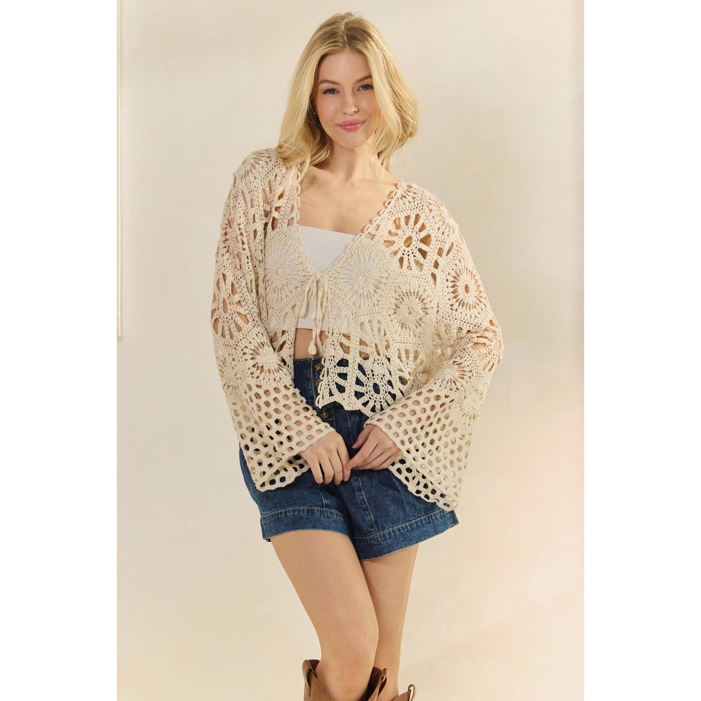 Crochet Bell Sleeve Top with Tie Front