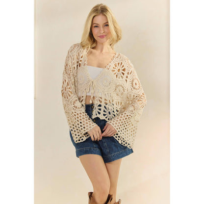 Crochet Bell Sleeve Top with Tie Front