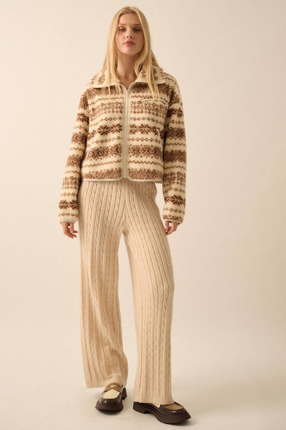 Cable Knit Wide-Leg Sweater Pants