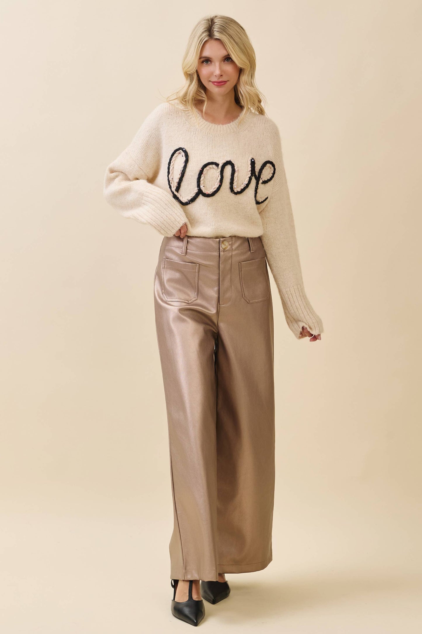 Metallic Wide-Leg Faux Leather Pants