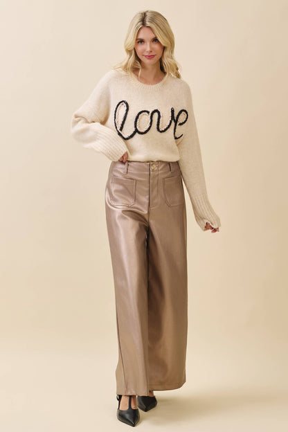 Metallic Wide-Leg Faux Leather Pants