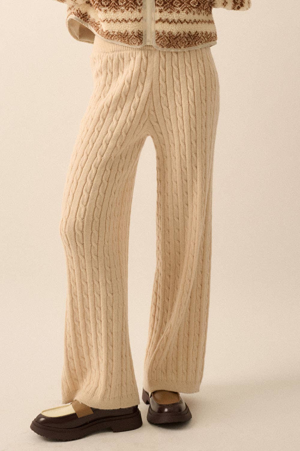 Cable Knit Wide-Leg Sweater Pants