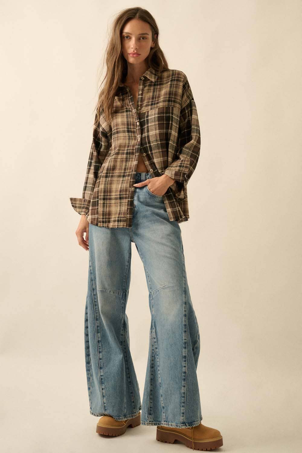 Colorblock Plaid Flannel Loose-Fit Button-Up Shirt