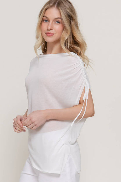 Asymmetric Drawstring Sheer Top