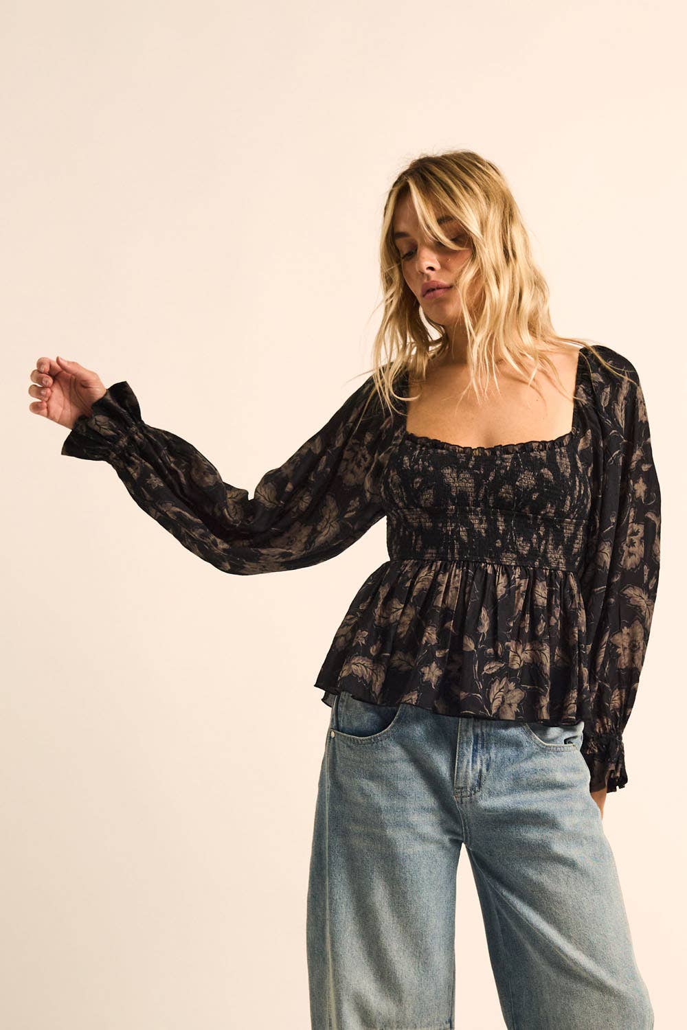 Floral Peplum Bubble-Sleeve Top