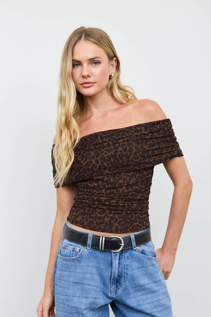 Leopard Off-Shoulder Ruched Top