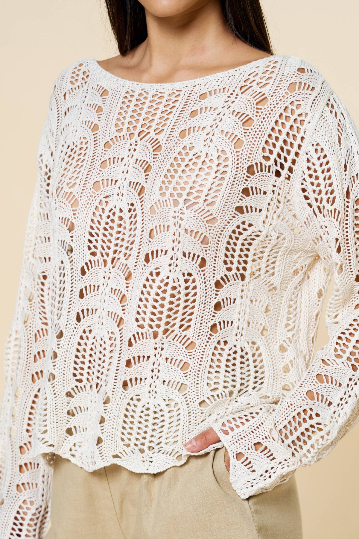 Crochet Boatneck Long Sleeve Top