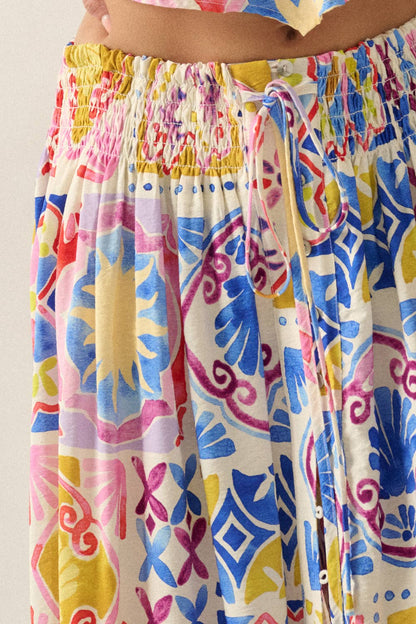Summer Sun Smocked-Waist Half-Button Maxi Skirt
