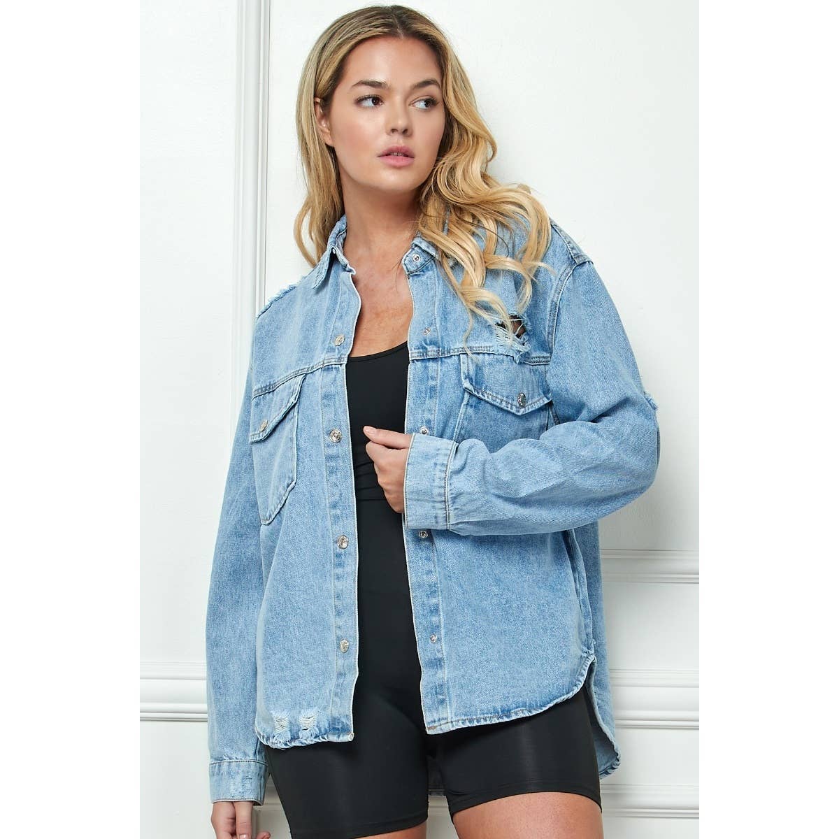 PLUS Distressed Denim Jacket