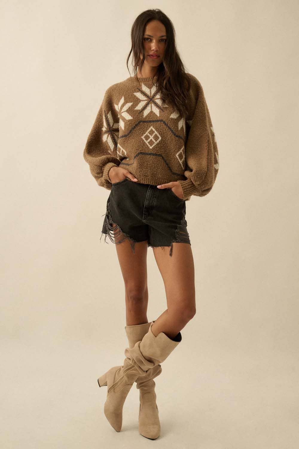 Textured Alipine-Knit Dolman-Sleeve Sweater