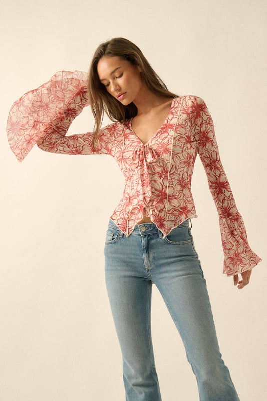 Floral Mesh Bell-Sleeve Top