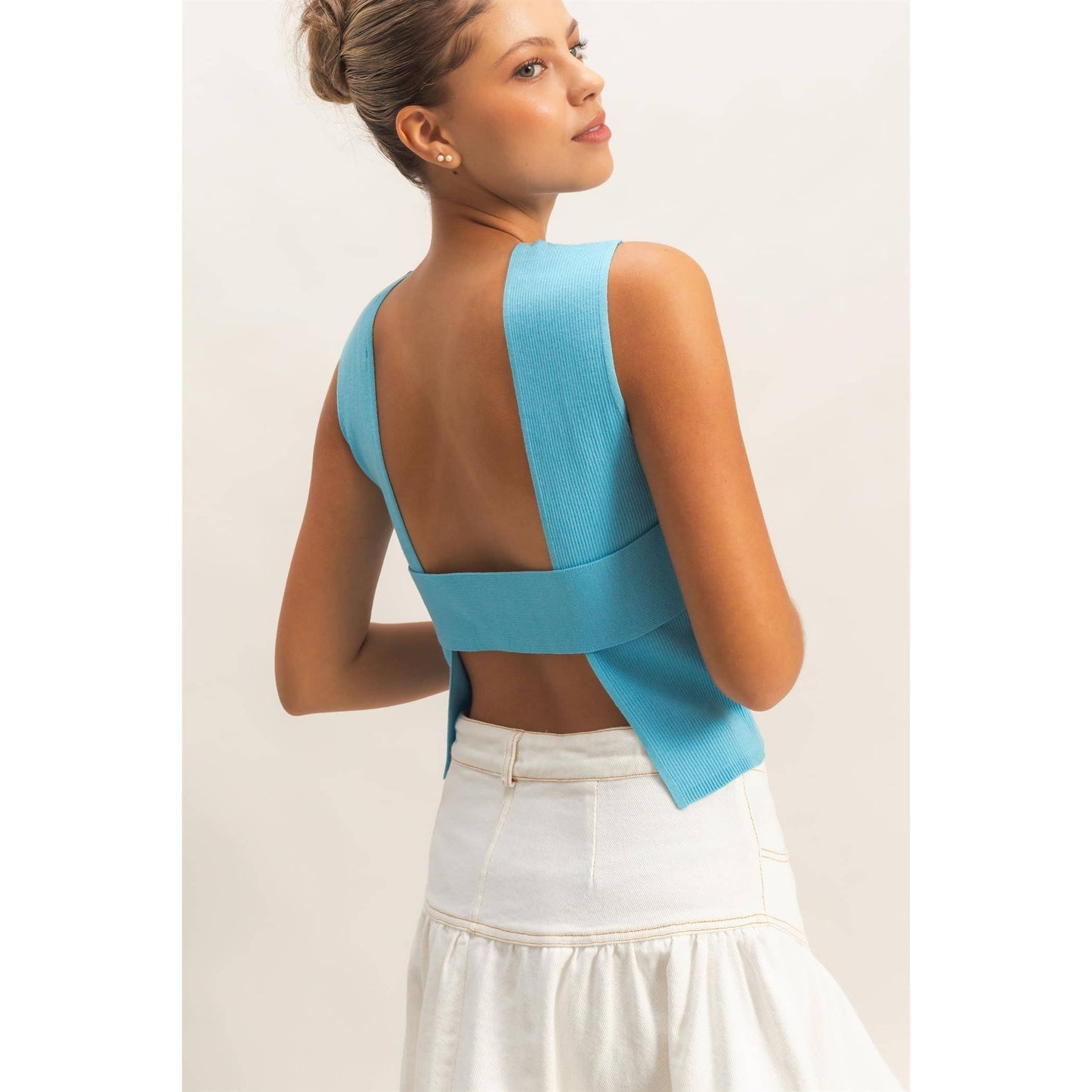 Ribbed Crew Neck Open Back Top