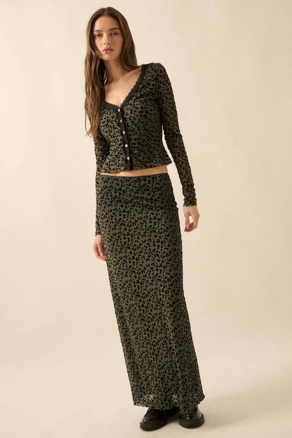 Leopard Mesh Straight Maxi Skirt