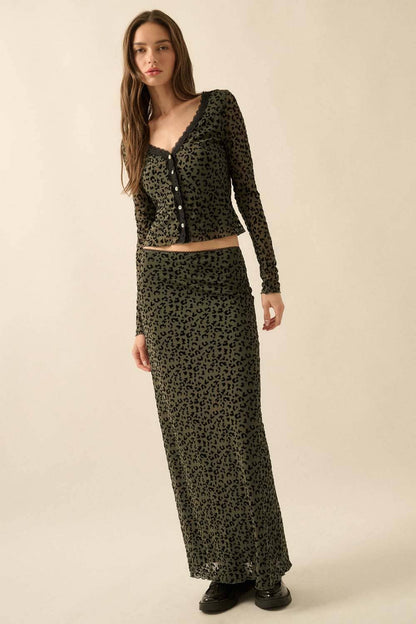 Leopard Mesh Straight Maxi Skirt
