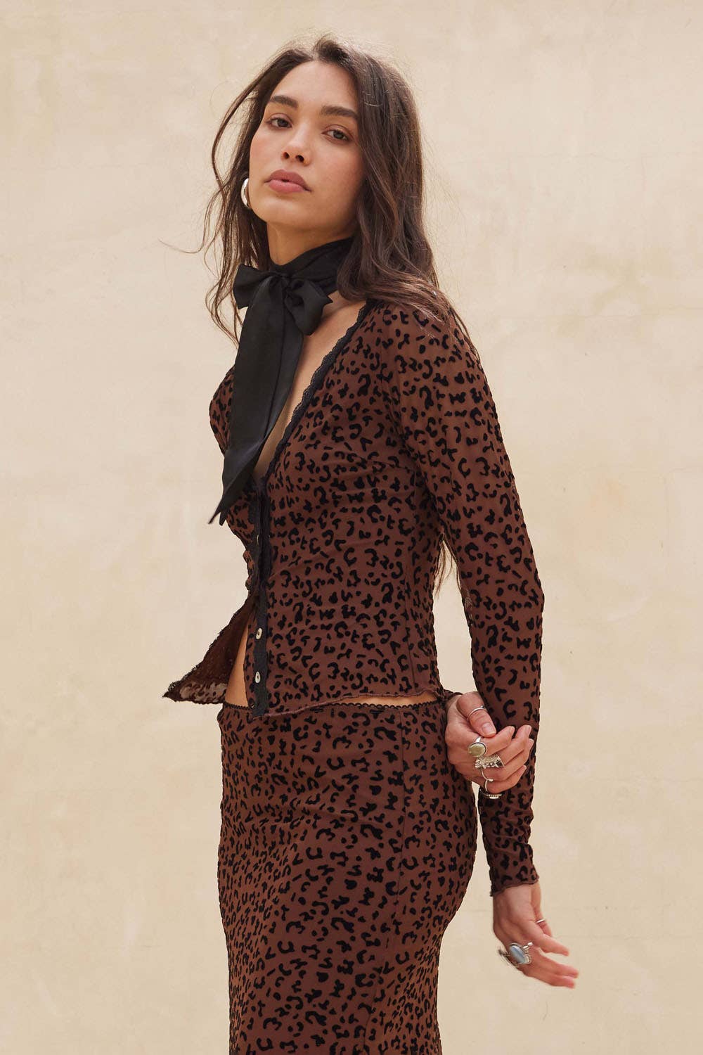 Leopard Mesh Lace-Trim Button-Front Top