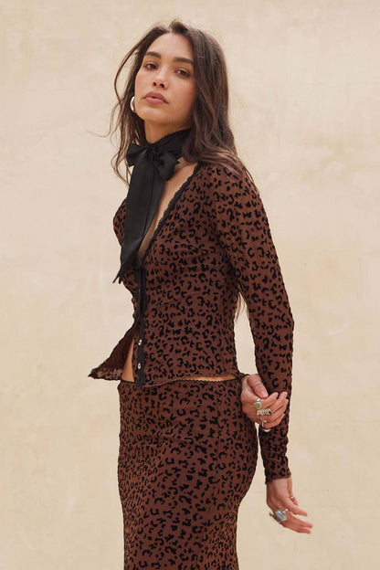 Leopard Mesh Lace-Trim Button-Front Top