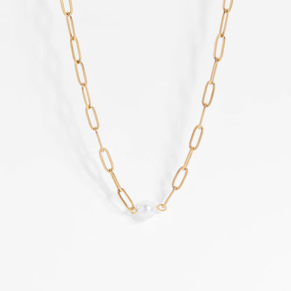 Gold Paperclip Necklace With Pearl 16"