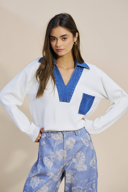 Denim Collar Long Sleeve Top