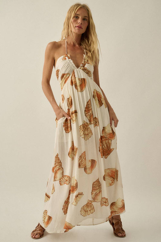 Seashell Tie-Back Halter Pocket Maxi Dress