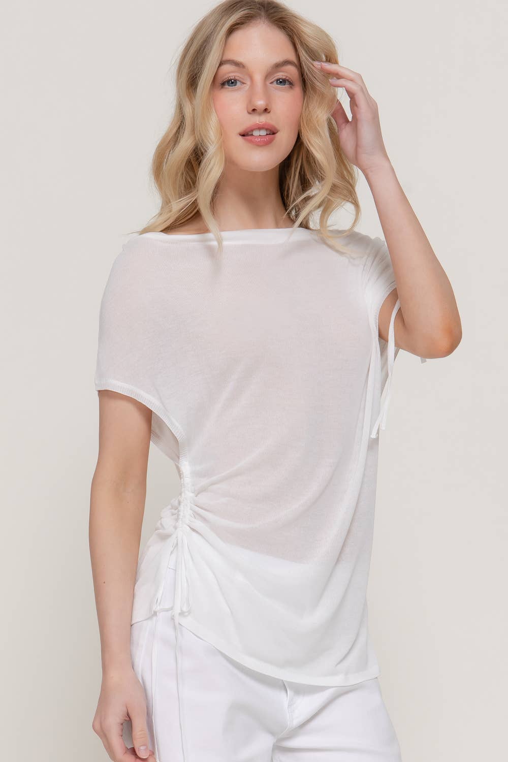 Asymmetric Drawstring Sheer Top