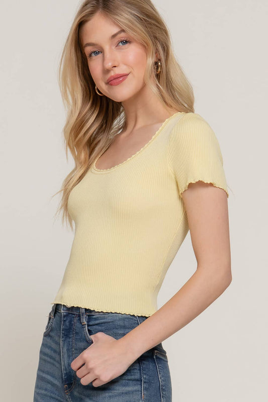 Scallop Trim Scoop Neck Short Sleeve Sweater