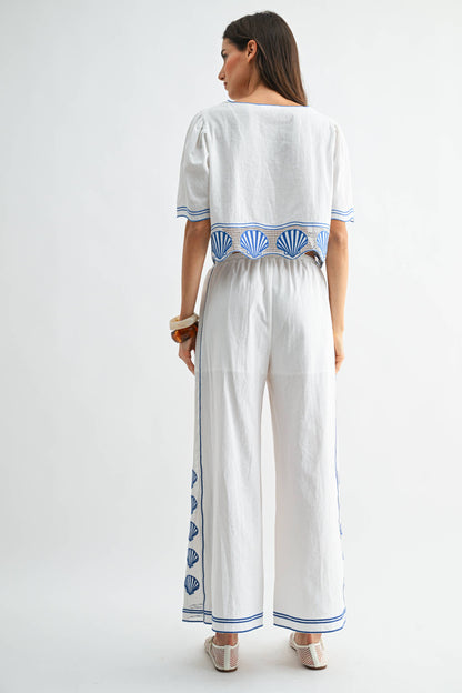 Scallop Embroidered Wide-Leg Pants
