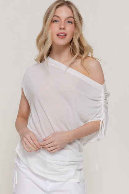 Asymmetric Drawstring Sheer Top