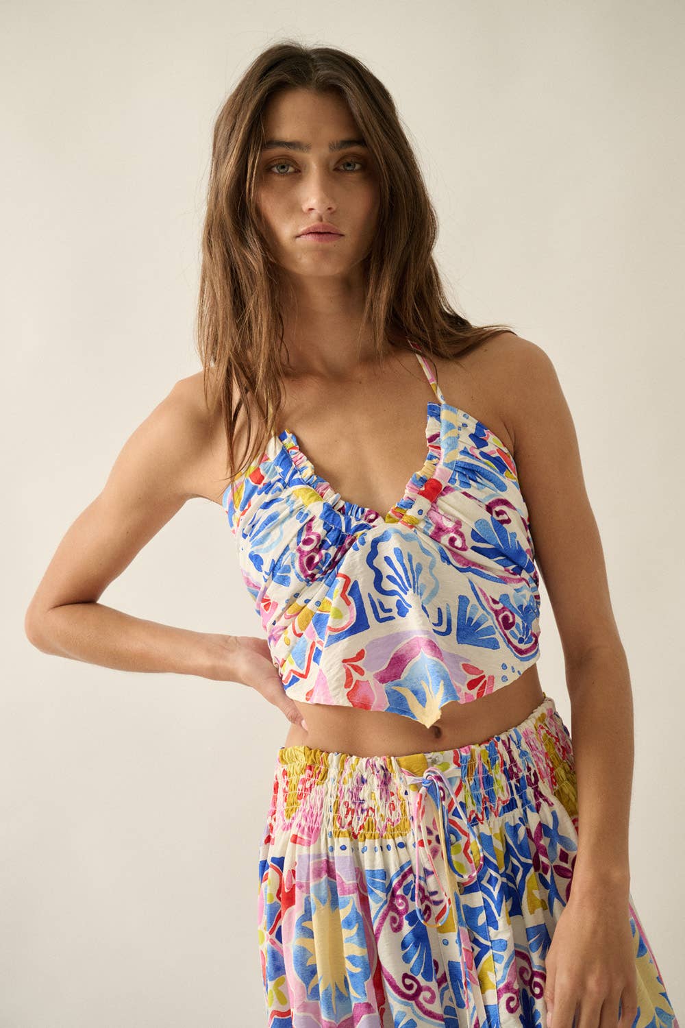 Summer Sun Gathered Handkerchief Halter Crop Top