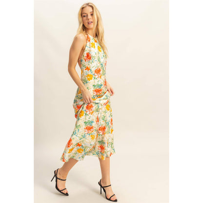 Floral Print Halter Neck Satin Maxi Dress