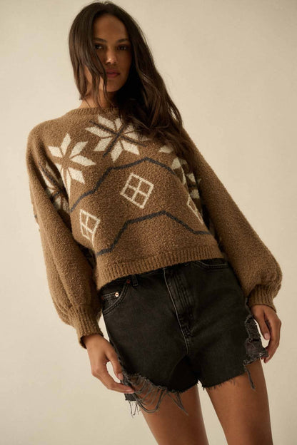 Textured Alipine-Knit Dolman-Sleeve Sweater